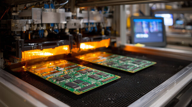 Ultra-sharp macro capture of PCB panels entering a reflow soldering oven on an automated line, glowing infrared heaters casting warm amber tones across intricate circuitry, solder
