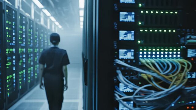 Female security guard patrolling a modern data center with rows of server racks and blinking lights