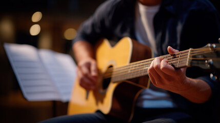 Obraz premium Detailed macro-style close-up of male hands carefully adjusting finger placement on an acoustic guitar chord, visible texture of calloused fingertips and smooth varnished wood surf