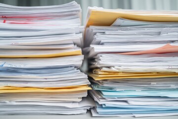 Organized stacks of documents and folders in an office environment