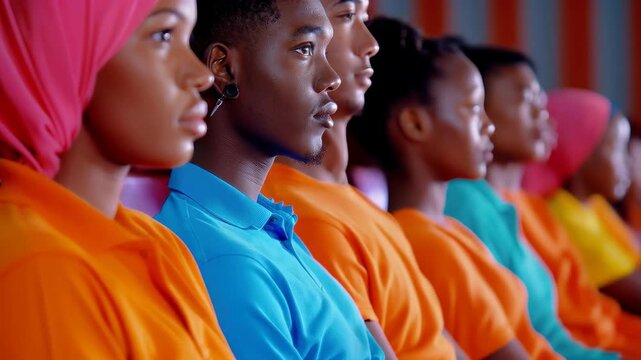 Focused Reflections: A diverse group of people gazes intently, representing focus and unity. Their forward-facing concentration captures their engagement. 