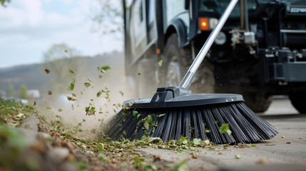 Macro-style close-up of rotating steel-reinforced sweeper brushes clearing roadside debris, worn bristle tips scraping against cracked pavement, small leaves and dust swirling bene