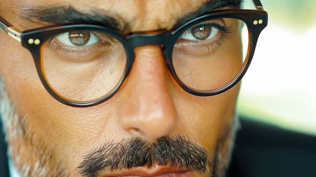 Captivating Gaze: A close-up portrait of a sophisticated person with a penetrating gaze, emphasized by stylish eyewear. This image is the epitome of elegance and charm.
