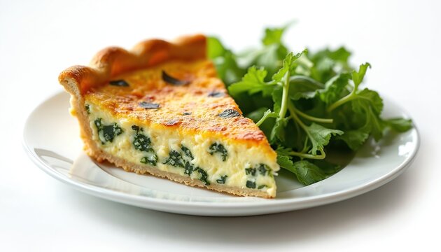 Slice of spinach quiche with flaky golden crust sits on white plate beside fresh green salad. Savory dish is perfect for brunch, lunch, or light dinner. Creamy filling offers delicious comfort.