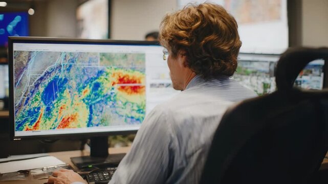 Medium shot of analyst reviewing flood maps on computer screen during climate risk assessment to evaluate investment vulnerability to rising water levels