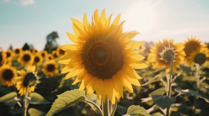 Close-up of vibrant yellow sunflower with green leaves in a field, sunlight illuminating petals and surrounding sunflowers in the background