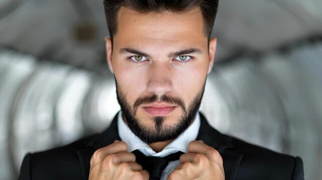 Confident Man in a Suit: A portrait of a sophisticated man, exudes confidence and charisma, smartly dressed in a well-tailored suit.