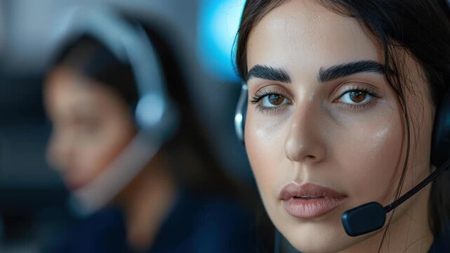 Professional Assistance: Focused portrait of a woman, radiating a sense of competence and care, in a modern service center, reflecting dedication.