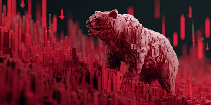 Digital bear made of cubes in red financial landscape, perfect abstract background for crypto analytics, trading platforms and investment reports