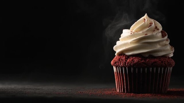 A single cupcake, dark red with white frosting. Steam rises from the treat, on a dark surface