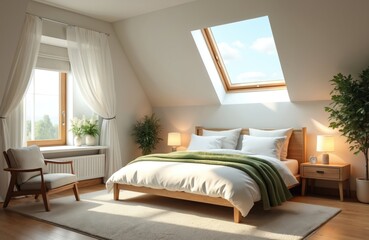 Fototapeta premium Bright attic bedroom with skylight showing blue sky. Comfortable wooden bed with white linens and green throw. Cozy chair by window, plants add natural decor.