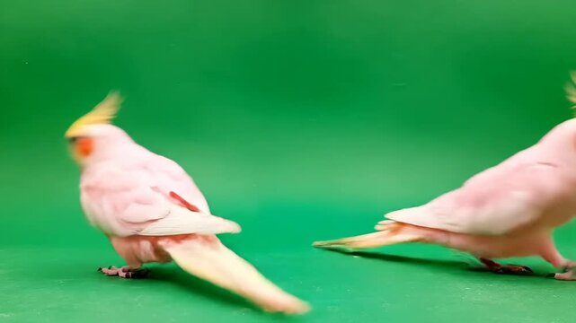 Green Screen of Two Pink Cockatiels Walking and Interacting