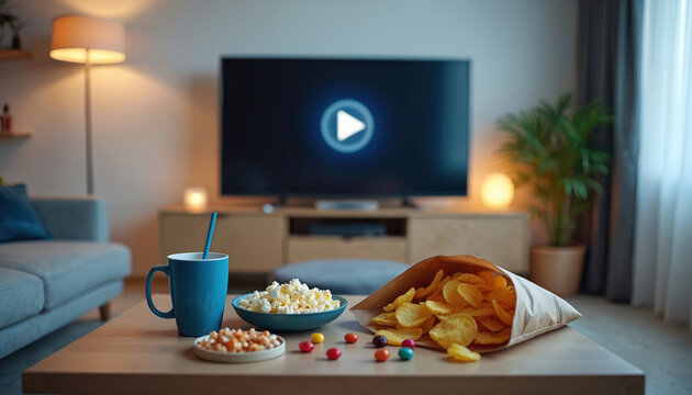 Cozy living room setup for movie night. Snacks like popcorn chips and candies on table near TV. Soft lamp lighting creates warm comfortable home atmosphere.
