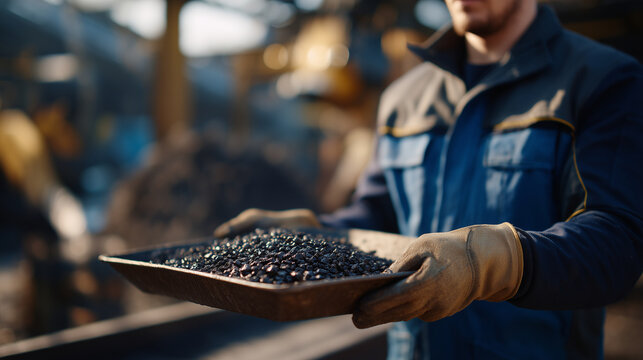 Cinematic close-up of faceless hands carefully picking up individual iron ore pellets from a metal tray, bright morning light filtering through factory windows, clean and orderly i