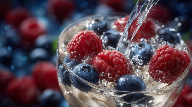 Photorealistic macro shot of carbonated mineral water flowing into a glass containing frozen berries, bubbles forming intricate patterns on raspberry seeds and blueberry skins, fac