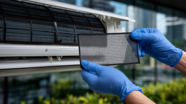 Extreme close-up of faceless hands in blue nitrile gloves carefully lifting and cleaning a modern air conditioner filter, fine mesh texture sharply detailed, tiny dust particles ca