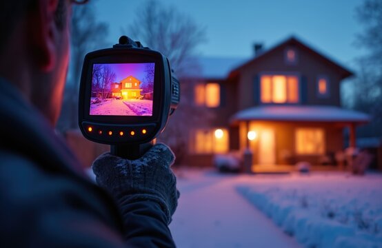 Man uses thermal camera to check house heat loss in cold weather. Infrared imaging shows temperature difference outside home. Energy efficiency analysis for building.
