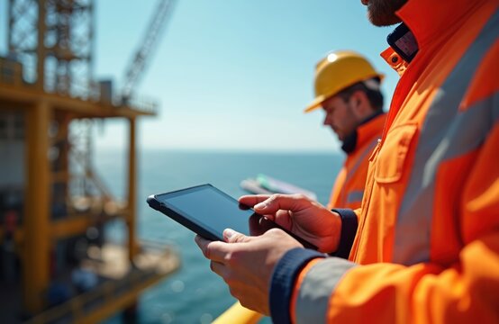 Worker on offshore oil rig uses tablet to check deck operations. Another engineer in hard hat supervises drilling equipment by sea. Industry professionals ensure safety.