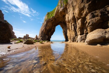 Eroded Coastal Cliff Forming Large Stone Arch Beneath Clear Blue Sky