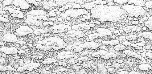 Obraz premium Serene landscape illustration of clouds, trees, and rocks from a high viewpoint