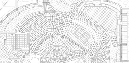 Obraz premium Aerial view of a detailed architectural blueprint of a large circular building complex with grid patterns and pathways
