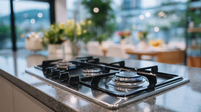 Close-up of a polished silver gas stove top with black handle, macro photography capturing fine details of metal texture, blurred background of a contemporary kitchen with soft dif