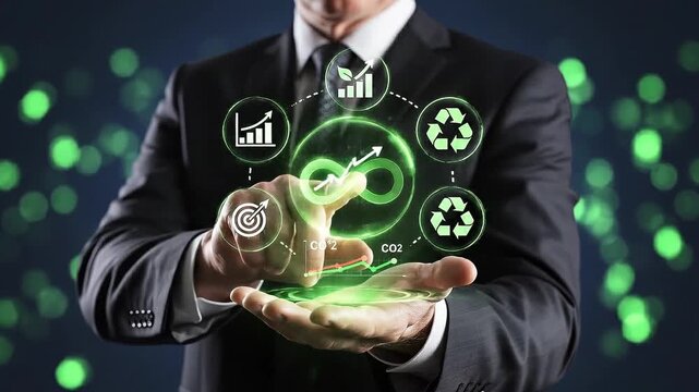 Businessman interacts with a glowing holographic interface displaying circular icons for circular economy, sustainability, and CO2 reduction goals.