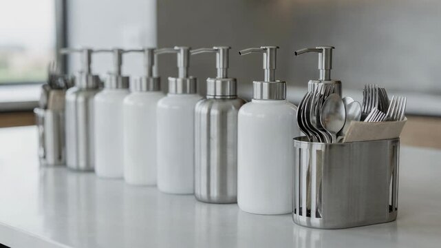 Medium shot of a minimalist condiment bar featuring sleek pump dispensers and neatly arranged utensil holders with a blurred background creating a clean modern atmosphere.