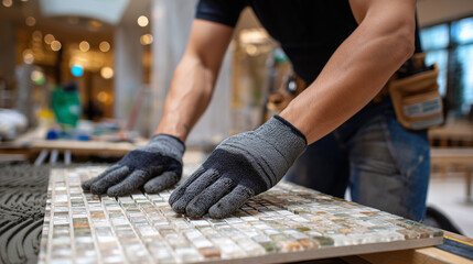 Obraz premium Detailed photorealistic medium shot of gloved hands checking level on a newly installed tile row, bubble in sharp focus, reflections on smooth tiles visible, blurred construction b