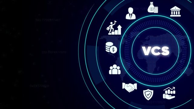 Virtual Currency Symbol Surrounding V C S on Dark Blue Background with Glowing Blue Circles and Dotted Patterns Representing Finance and Technology Concepts