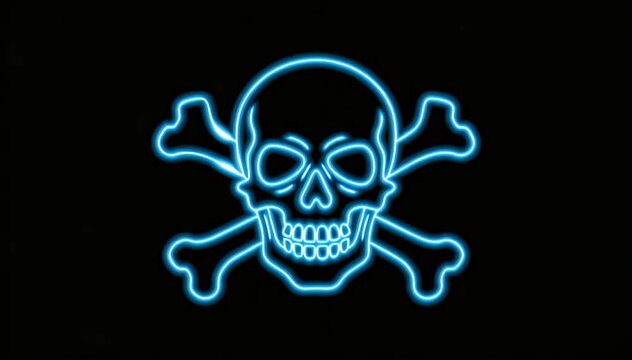 A vibrant glowing blue neon sign depicting a classic skull and crossbones symbol stands out sharply against the deep surrounding darkness suggesting danger or poison warning.