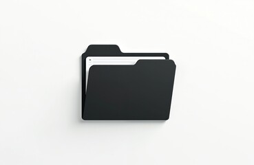 Black folder icon with paper inside on white. Simple graphic symbol represents files data and document organization. Clean design for business office or digital web concepts.