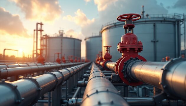 Industrial oil and gas pipelines with red valves stretch towards large storage tanks. Infrastructure for energy production and distribution under a cloudy sky with sunset.