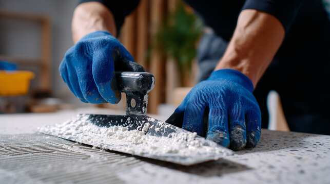 Close-up of gloved hands combing gray adhesive onto wall with a notched trowel, ridges illuminated by soft light, shallow depth of field blurring surrounding surfaces, tactile text