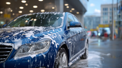 Close-up of soap-lathered luxury car door and hood, thick suds forming peaks and texture, modern car wash interior softly blurred in background, photorealistic reflections on paint