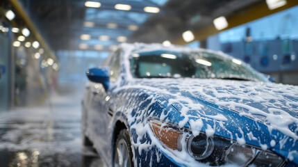 Close-up of soap-lathered luxury car door and hood, thick suds forming peaks and texture, modern car wash interior softly blurred in background, photorealistic reflections on paint