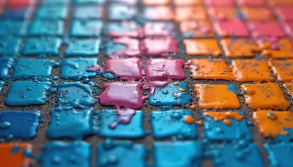 Naklejka premium Rows of square paint blobs in bright blue pink orange colors are arranged on dark surface. Wet colors mix and drip creating textured abstract art. Close up.
