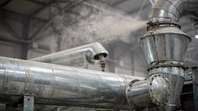 Blurred factory roofline with sharp focus on a galvanized air duct system and cyclone separator releasing fine dust indoors.