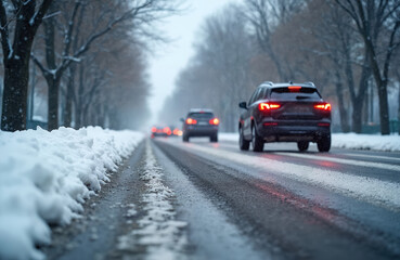 Fototapeta premium Cars drive on wet snowy road treated with salt during snowfall. Winter weather conditions make road surface slick and hazardous. Traffic moves slowly through snow covered trees and street.