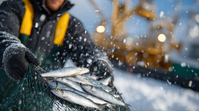 Close-up of faceless hands in heavy gloves lifting frozen fish from a net, icy spray in the air, snowy port background softly defocused, workers and harbor machinery blurred, photo