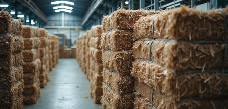 Stacks of compressed hay bales fill a warehouse. Materials are bundled and ready for recycling process. Industrial storage area with raw materials stacked in rows.