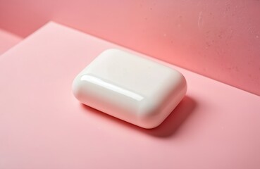 White soap bar sits on a pink surface. This clean sanitary product is perfect for personal hygiene needs. Use it in bathrooms or spas for a fresh feel.