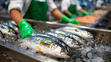 Detailed medium shot of faceless worker&acirc;s hands arranging fresh fish on stainless steel conveyor, ice and moisture glistening on surfaces, modern seafood factory equipment defocuse
