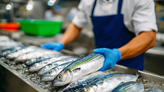Medium shot of faceless worker organizing fresh fish on stainless steel line, hands in gloves moving glistening fish, modern seafood factory equipment in soft focus behind, photore