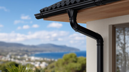 Close-up architectural shot of black metal gutters and downspouts installed on modern townhouse exterior, smooth wall surfaces and crisp roof edges in focus, premium upgrade aesthe