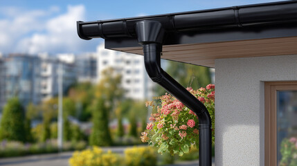 Perspective view of a modern townhouse exterior with new black metal gutters and downspouts, clean lines and minimalist landscaping, sunlight reflecting on metal surfaces, premium