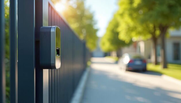 Smart gate entry device with fingerprint scanner on modern fence. Access control system for home security and driveway automation in suburban neighborhood with cars parked.
