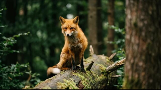 Red fox sitting on moss covered fallen log in green forest looking at camera