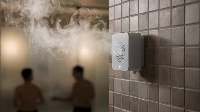 Medium shot focusing on a humidity sensor mounted on a bathhouse wall with soft background blur highlighting moisture level detection for improved air quality control.