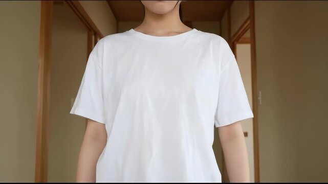 Asian woman in white t-shirt gently lifting her shirt to reveal her bare midriff indoors
